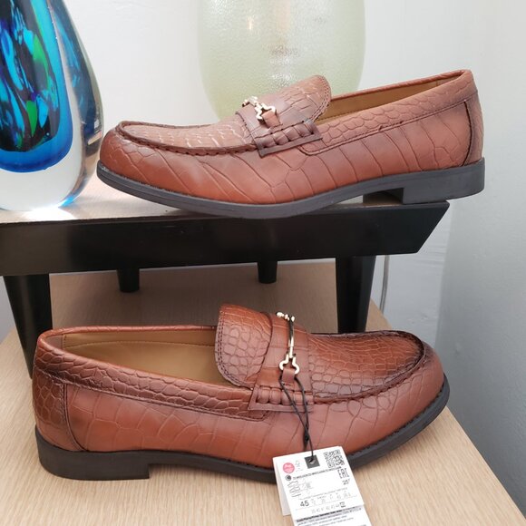 BNWT ZARA brown faux leather croc pattern horsebit slip on mocasins (45 - US 12) - Picture 7 of 7